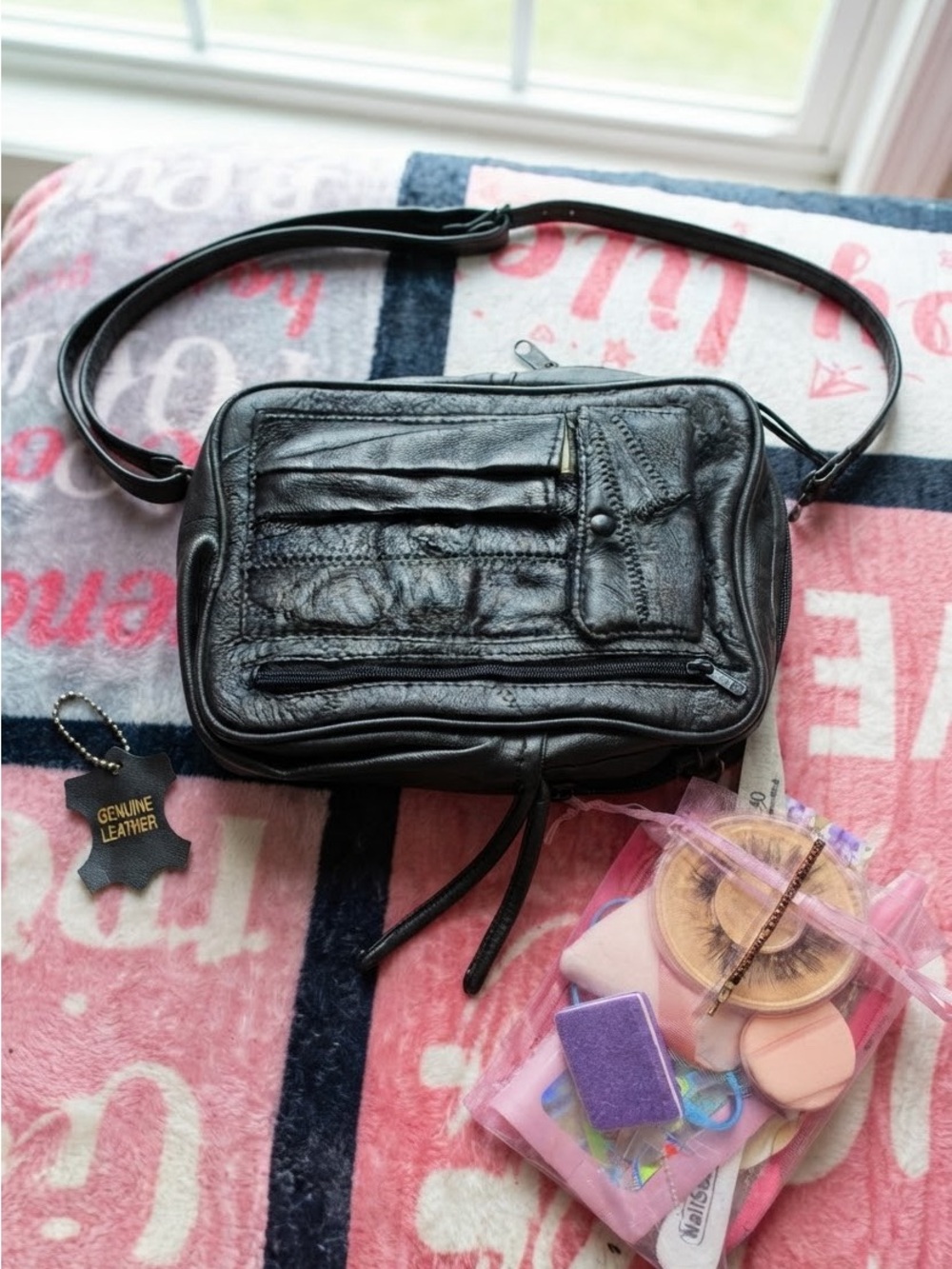 Vintage Genuine Leather Black Unisex Crossbody Bag & Beauty Gift Bag